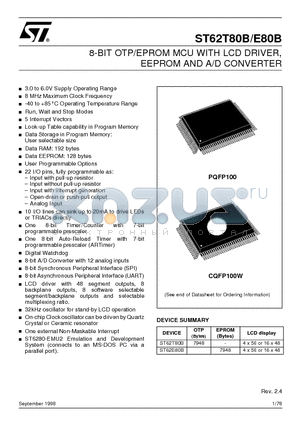 ST62E80B datasheet - 8-BIT OTP/EPROM MCU WITH LCD DRIVER EEPROM AND A/D CONVERTER
