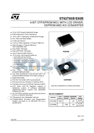 ST62E85B datasheet - 8-BIT OTP/EPROM MCU WITH LCD DRIVER, EEPROM AND A/D CONVERTER