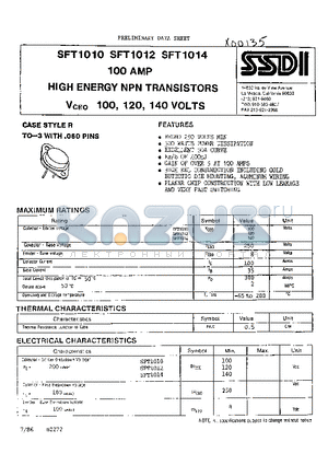 SFT1010 datasheet - 100 amp HIGH ENERGY NPN TRANSISTORS