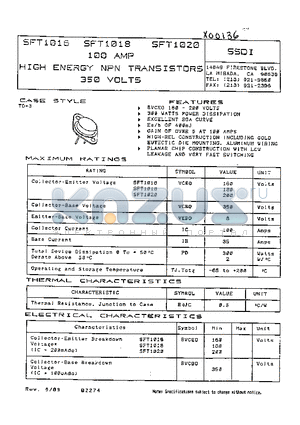 SFT1016 datasheet - 100 amp HIGH ENERGY NPN TRANSISTORS 350 VOLTS