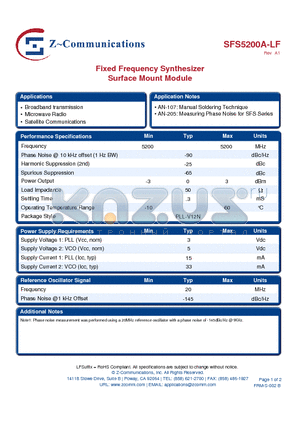 SFS5200A-LF datasheet - Fixed Frequency Synthesizer Surface Mount Module