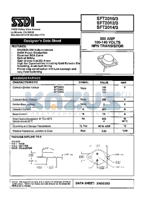 SFT2012 datasheet - 200 AMP 100-140 VOLTS NPN TRANSISTOR