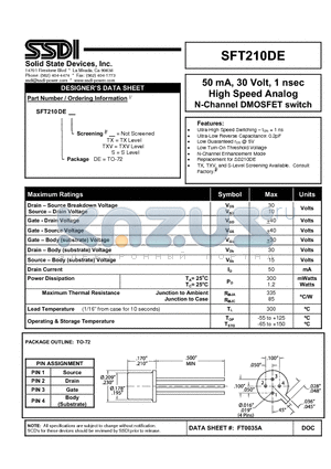 SFT210DE datasheet - 50 mA, 30 Volt, 1 nsec High Speed Analog N-Channel DMOSFET switch