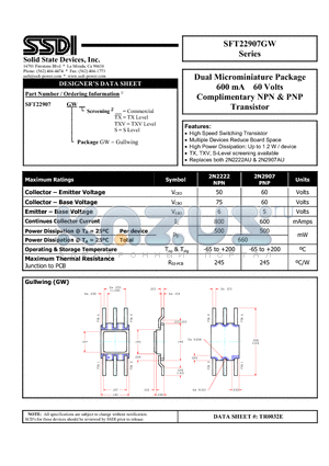 SFT22907GW datasheet - Dual Microminiature Package 600 mA 60 Volts Complimentary NPN & PNP Transistor