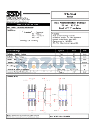 SFT2369A2 datasheet - Dual Microminiature Package 100 mA 15 Volts Dual NPN Transistor