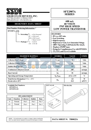 SFT2907A datasheet - SFT2907A 60 VOLTS PNP HIGH SPEED LOW POWER TRANSISTOR