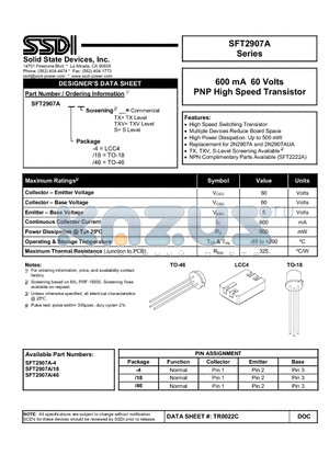 SFT2907A-46 datasheet - PNP High Speed Transistor