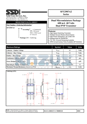 SFT2907A2GW datasheet - Dual Microminiature Package 600 mA 60 Volts Dual PNP Transistor
