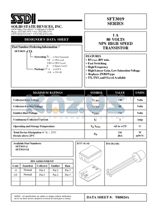 SFT3019 datasheet - 1 A 80 VOLTS NPN HIGH SPEED TRANSISTOR