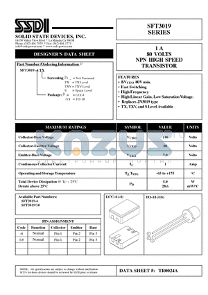 SFT3019-4 datasheet - 1 A 80 VOLTS NPN HIGH SPEED TRANSISTOR