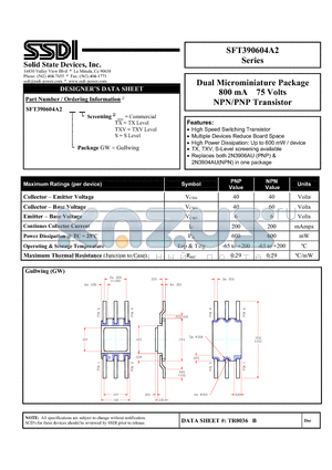 SFT390604A2 datasheet - Dual Microminiature Package 800 mA 75 Volts NPN/PNP Transistor