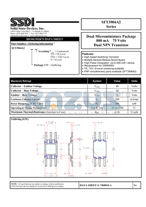 SFT3904A2 datasheet - Dual Microminiature Package 800 mA 75 Volts Dual NPN Transistor