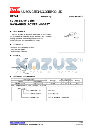 UFZ44G-TA3-T datasheet - 50 Amps, 60 Volts N-CHANNEL POWER MOSFET