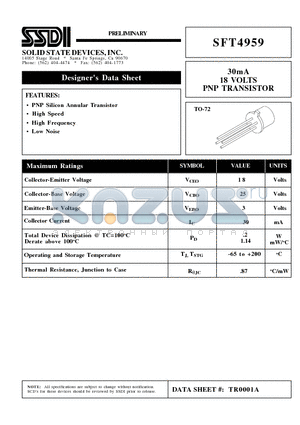 SFT4959 datasheet - 30mA 18 VOLTS PNP TRANSISTOR