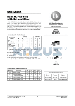 SN74LS76A datasheet - LOW POWER SCHOTTKY