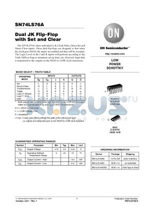 SN74LS76A datasheet - Dual JK Flip-Flop with Set and Clear