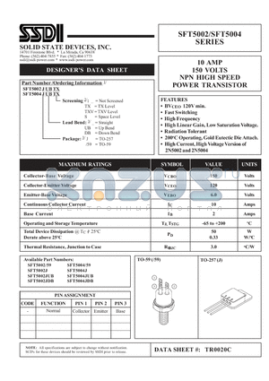 SFT5002JDB datasheet - 10 AMP 150 VOLTS NPN HIGH SPEED POWER TRANSISTOR