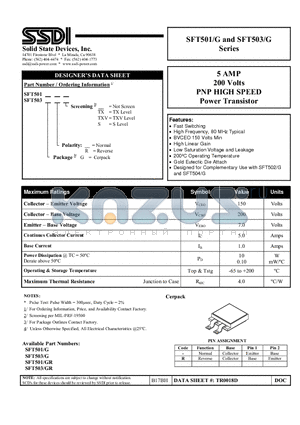 SFT501-G datasheet - PNP HIGH SPEED Power Transistor