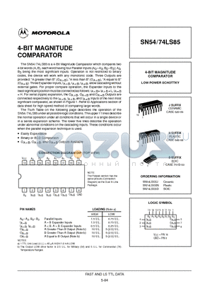 SN74LS85N datasheet - 4-BIT MAGNITUDE COMPARATOR