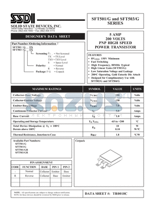 SFT503/G datasheet - 5 AMP 200 VOLTS PNP HIGH SPEED POWER TRANSISTOR