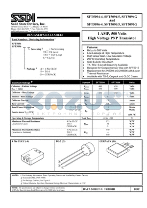 SFT5094-4 datasheet - 1 AMP, 500 Volts High Voltage PNP Transistor
