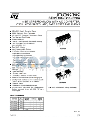 ST62T08C_99 datasheet - 8-BIT OTP/EPROM MCUs WITH A/D CONVERTER, OSCILLATOR SAFEGUARD, SAFE RESET AND 20 PINS