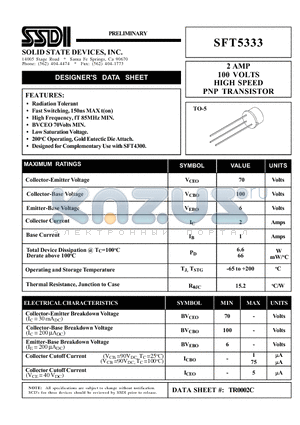 SFT5333 datasheet - 2 AMP 100 VOLTS HIGH SPEED PNP TRANSISTOR