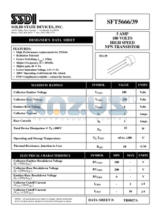 SFT5666-39 datasheet - 5 AMP 180 VOLTS HIGH SPEED NPN TRANSISTOR