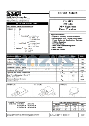 SFT6678/3 datasheet - 15 AMPS 400 Volts NPN High Speed Power Transistor