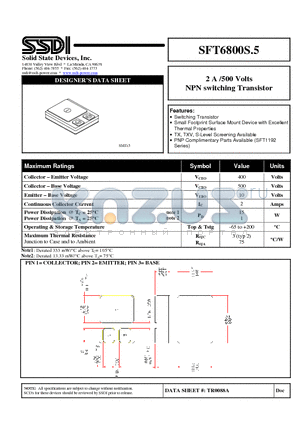 SFT6800S.5 datasheet - 2 A /500 Volts NPN switching Transistor