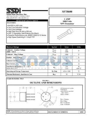 SFT8600 datasheet - 1 AMP 1000 VOLTS NPN TRANSISTOR