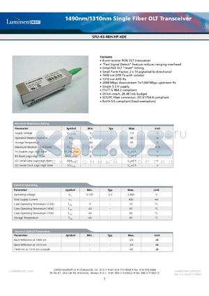 SFU-43-48H-HP-CDE datasheet - 1490nm/1310nm Single Fiber SFFB Transceiver