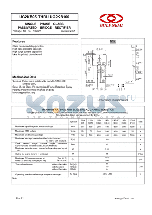 UG2KB05 datasheet - SINGLE PHASE GLASS PASSIVATED BRIDGE RECTIFIER Voltage: 50 to 1000V Current:2.0A