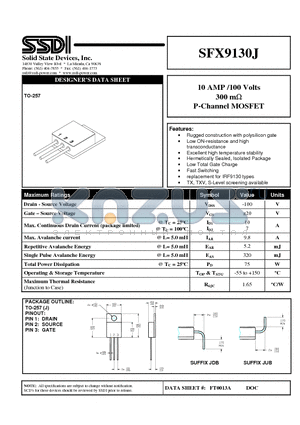 SFX9130J datasheet - 10 AMP /100 Volts 300 mOMH P-Channel MOSFET