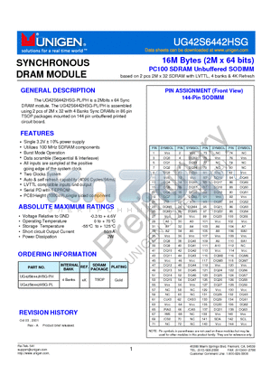 UG42S6442HSG-PH datasheet - 16M Bytes (2M x 64 bits) PC100 SDRAM Unbuffered SODIMM