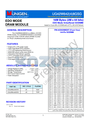 UG42W6424GSG datasheet - 16M Bytes (2M x 64 bits) EDO Mode Unbuffered SODIMM