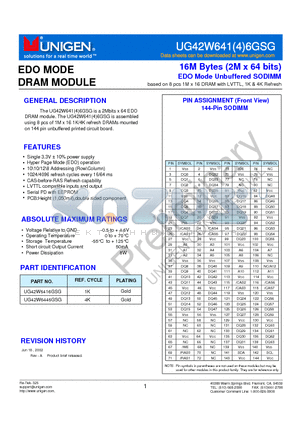 UG42W6446GSG datasheet - 16M Bytes (2M x 64 bits) EDO Mode Unbuffered SODIMM