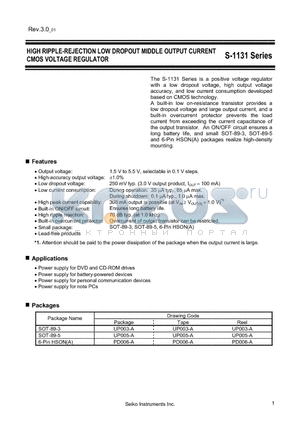 S-1131 datasheet - HIGH RIPPLE-REJECTION LOW DROPOUT MIDDLE OUTPUT CURRENT CMOS VOLTAGE REGULATOR