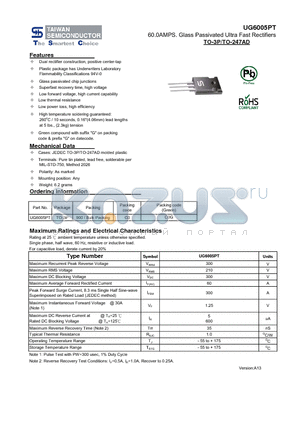 UG6005PT datasheet - 60.0AMPS. Glass Passivated Ultra Fast Rectifiers