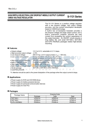 S-1131B37UC-N4WTFG datasheet - HIGH RIPPLE-REJECTION LOW DROPOUT MIDDLE OUTPUT CURRENT CMOS VOLTAGE REGULATOR