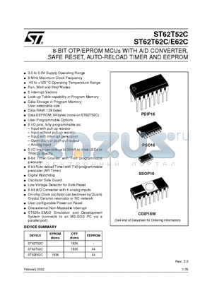 ST62T52CN6 datasheet - 8-BIT OTP/EPROM MCUs WITH A/D CONVERTER, SAFE RESET, AUTO-RELOAD TIMER AND EEPROM