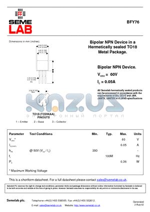 SF_BFY76 datasheet - Bipolar NPN Device in a Hermetically sealed TO18 Metal Package