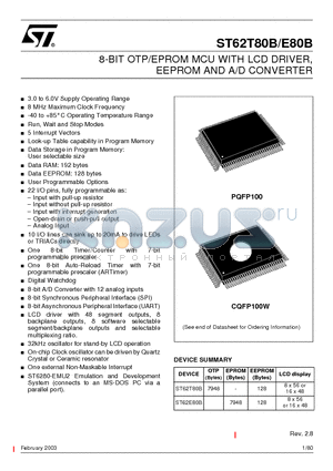 ST62T80B datasheet - 8-BIT OTP/EPROM MCU WITH LCD DRIVER  EEPROM AND A/D CONVERTER