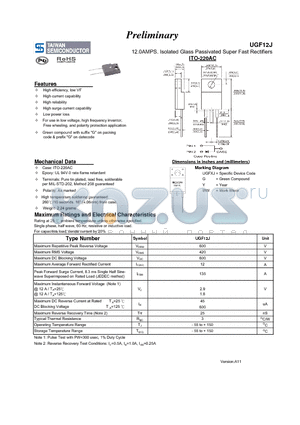 UGF12J datasheet - 12.0AMPS. Isolated Glass Passivated Super Fast Rectifiers