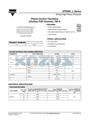 ST650C24L1 datasheet - Phase Control Thyristors (Hockey PUK Version), 790 A