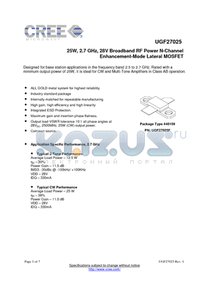 UGF27025 datasheet - 25W, 2.7 GHz, 28V Broadband RF Power N-Channel Enhancement-Mode Lateral MOSFET