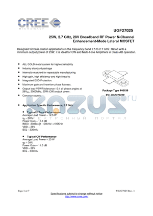 UGF27025F datasheet - 25W, 2.7 GHz, 28V Broadband RF Power N-Channel Enhancement-Mode Lateral MOSFET