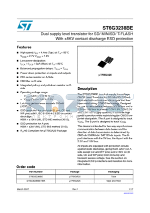 ST6G3238BE datasheet - Dual supply level translator for SD/ MINISD/ T-FLASH With a8KV contact discharge ESD protection