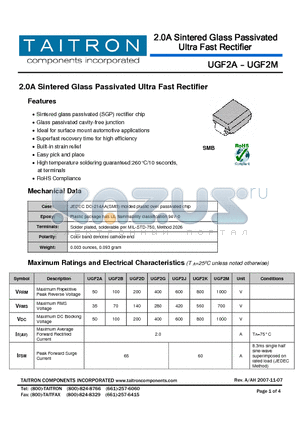 UGF2G datasheet - 2.0A Sintered Glass Passivated Ultra Fast Rectifier