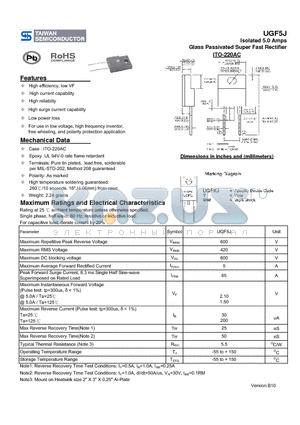UGF5J datasheet - Isolated 5.0 Amps Glass Passivated Super Fast Rectifier